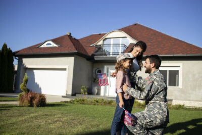 soldier in military uniform talking to his daughter and wife after long time