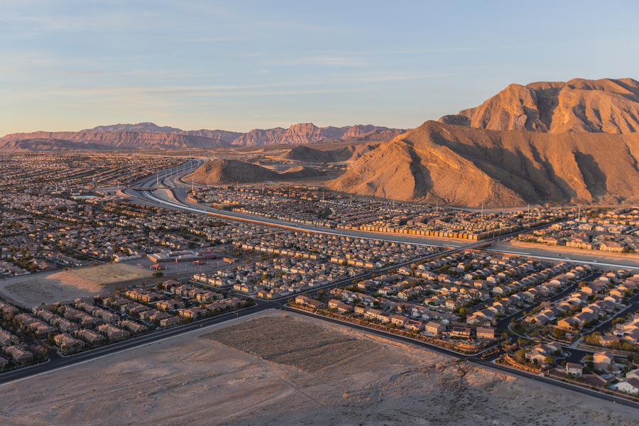 Early morning view of new neighborhoods and Route 215 from the top of Lone Mountain in Northwest Las Vegas.