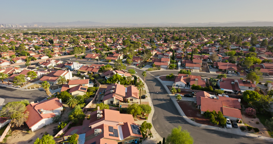 Aerial view of tract housing in the Angel Park neighborhood in Summerlin South, Clark County, Nevada